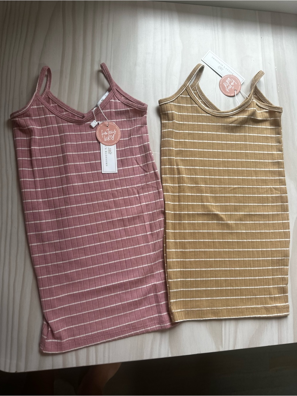 Baileys Blossoms Striped Ribbed Tank Dress Duo - Mauve Pink & Tan